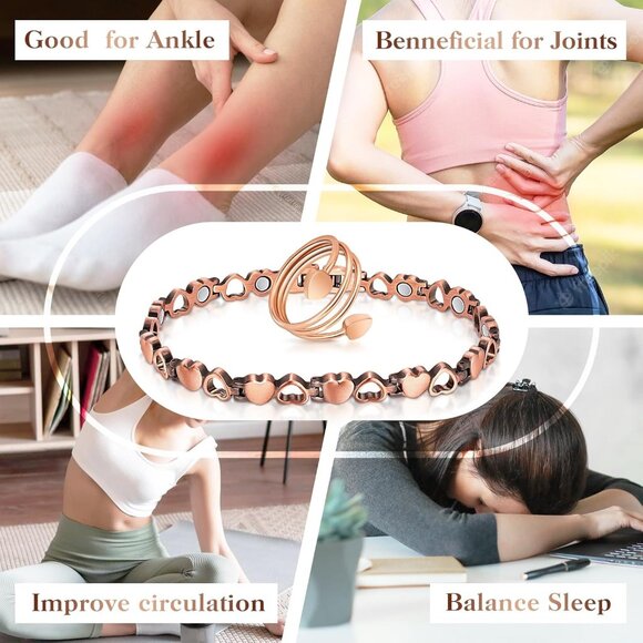 Copper Magnetic Ankle Bracelet for Women with Heart Ring Adjustable Copper Jewel - Picture 7 of 7